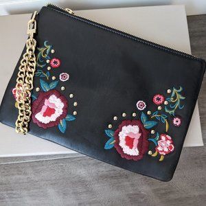 Embroidered Fake Leather Clutch